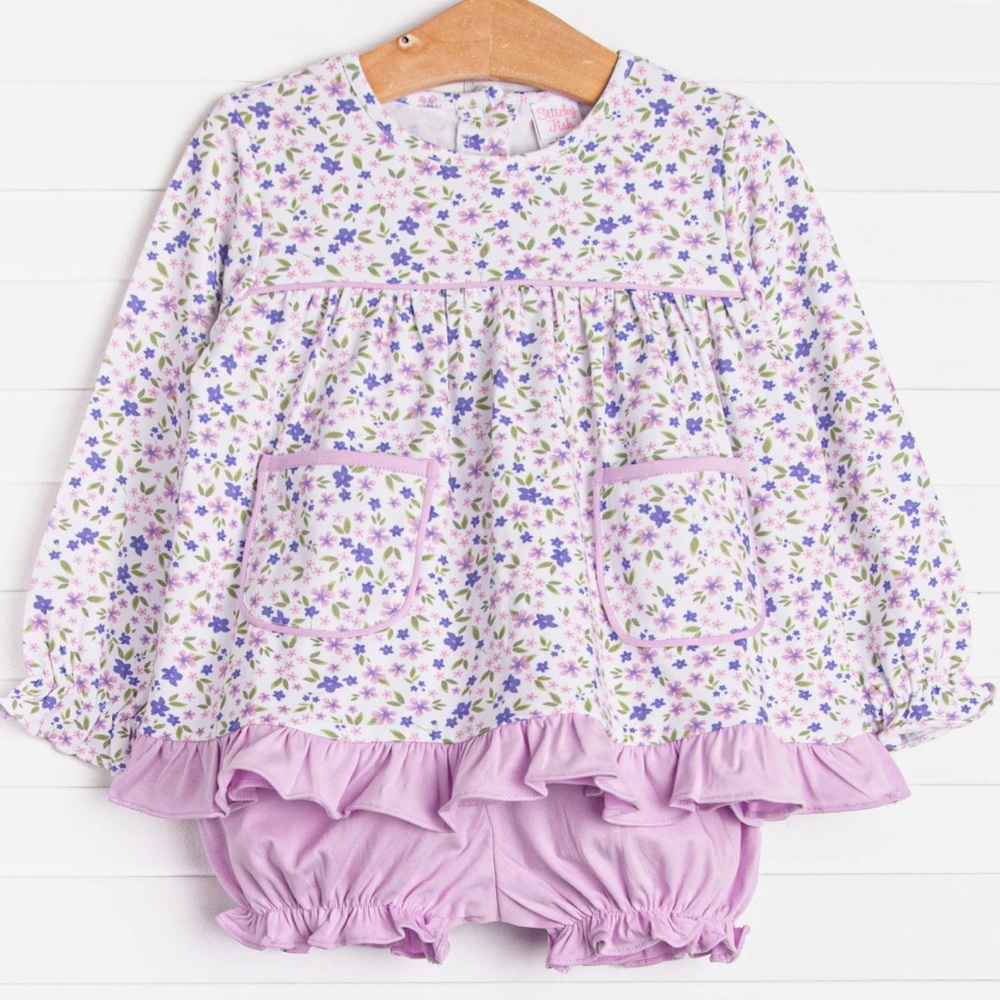 Pink and Purple Floral Pajama Set with Ruffled Sleeves